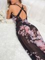 Floral Print Contrast Lace Crisscross Back Mesh Cami Sleep Jumpsuit