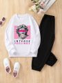 SHEIN Big Girls' Letter Print Sweatshirt And Long Pants Two Piece Outfit