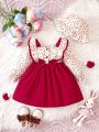 Baby Girls' Floral Patchwork Ruffled Hem Dress With Bowknot Decoration And Hat