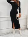 SHEIN LUNE Solid Color Round Neck Long Sleeve Slim Fit Casual Women's Sweater Dress