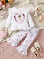 Baby Girls' Mesh Panel Character Pattern T-shirt And Floral Print Flared Pants Set