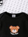 3pcs/Set Infant Boys' Long Sleeve Bodysuit In Cute Bear Print And Hat Combo