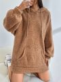 SHEIN EZwear Kangaroo Pocket Drop Shoulder Drawstring Teddy Hoodie Dress