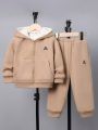 SHEIN Kids EVRYDAY Young Boy Letter Patched Thermal Lined Hoodie & Sweatpants