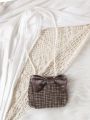 Infant Girls' Brown Pleated Lace Hem Round Neck Dress With Bowknot Crossbody Bag