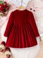 SHEIN Kids CHARMNG Little Girls' Simple And Elegant Velvet Fabric Elastic Round Neck Long Sleeve Dress For Spring And Autumn