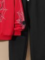 SHEIN Kids HYPEME Tween Boy Spider Web Print Hoodie & Drawstring Waist Sweatpants