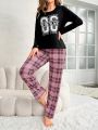 Women's Monogram Printed Long Sleeve Top And Plaid Trousers Pajama Set