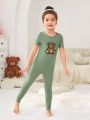 SHEIN Kids Nujoom Cute Teddy Bear Embroidery Applique Young Girl Concise Style Short Sleeve T-Shirt And Skinny Pants 2pcs Home Clothes Set