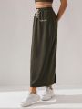 ROPES Women'S Drawstring Waist Letter Embroidered Midi Skirt