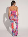 Asavvy Allover Print Crisscross Backless Halter Top & Flare Leg Pants