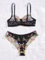 Women's Floral Embroidery Sheer Mesh Sexy Lingerie Set