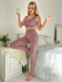 Solid Ribbed Knit Lounge Set With Robe