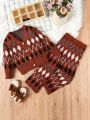 SHEIN Kids EVRYDAY Girls' Geometric Pattern Button-up Sweater And Long Pants Set