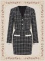 SHEIN DECDS Vintage Elegant 2pcs Plaid Tweed Jacket With Pearl Decorated Button & V-Neck Vest And High Waist Mini Skirt With Lace Hem Decoration For New Year Christmas Party