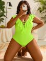 SHEIN Swim Basics Plus Size Solid Color Swimsuit With Ruffled Hem, Hollow Out Cross Design, Monokini