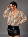 SHEIN Tall Women'S Glittery Lantern Sleeve Wrap Blouse