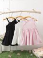 New Arrival Baby Girl Casual Simple Style Asymmetrical Collar Sleeveless Dress With Elastic And Comfortable Material, 3 Colors/Set