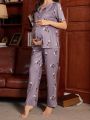 Maternity Floral Printed Short Sleeve Top And Long Pants Pajama Set