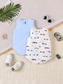 Baby Boys' Blue And White Car Printed Set Of Romper And Hat, Spring And Summer