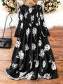 Plus Size Women's Floral Print Round Neck Long Sleeve Dress