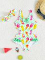 Little Girls' One-Piece Swimsuit With Full Print, Hollow Out Side Design
