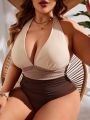 SHEIN Swim Vcay Plus Size Deep V-Neck Halter One Piece Swimsuit With Backless Design