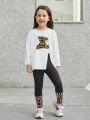 SHEIN Kids KDOMO Toddler Girls' Loose Fit Casual Round Neck Pullover T-shirt And Long Pants Set With Little Bear Pattern