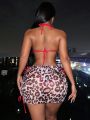 SHEIN Swim BAE 3pcs Leopard Print Halter Neck Bikini Set With Side Tie Triangle Top And Swim Shorts/skirt Bottom