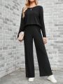 SHEIN LUNE Solid Color Drop Shoulder Knit Top & Pants Set