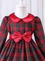 Young Girl Tartan Print Peter Pan Collar Bow Front Dress