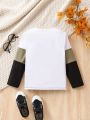 SHEIN Kids EVRYDAY Boys' Long Sleeve Colorblock Minimalist English T-shirt, Autumn