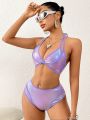 SHEIN Swim Y2GLAM Women'S Colorful Halter Neck Split Swimsuit