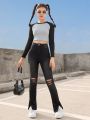 SHEIN Teen Girls' Y2k Street Style Irregular Hole Black Jeans Flared Pants, High Waist & Stretchy