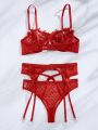 Ladies' Embroidered Detail Heart Shaped Mesh Sexy Lingerie 3-Piece Set (Valentine's Day Edition)