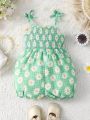 Baby Girls' Spring Summer Green Dandelion Print Casual Jumpsuit With Shoulder Straps