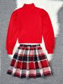 SHEIN Tween Girl 2pcs/Set School Style High Neck Bowknot T-Shirt And Plaid A-Line Skirt