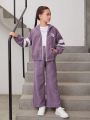 SHEIN Kids EVRYDAY Tween Girl Letter Patched Striped Drop Shoulder Hooded Corduroy Jacket & Pants