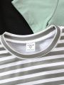 SHEIN 3pcs/set Toddler Boys' Street Style Casual Striped Print And Solid Color Short Sleeve T-shirt For Summer