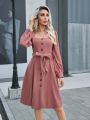 SHEIN Privé Solid Color Belted Buttoned Long Sleeve Dress