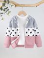 Young Girl Heart Print Colorblock Zip Up Hoodie Without Sweater