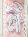 Newborn Baby Girl Unicorn Print Contrast Binding Jumpsuit & Hat & Bib