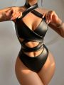 Exotic-Bondage Sexy Hollow Out Pu Leather Bodysuit