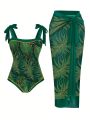 SHEIN Swim Vcay Plus Size Tropical Print One-Piece Swimsuit 2pcs Set