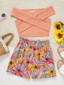 SHEIN Teen Girl Floral Print High-Waisted Shorts & Solid Color One Shoulder Top Outfit Set, For Vacation