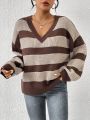 SHEIN Frenchy Color Block Stripe V-neck Sweater Pullover