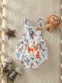 SHEIN Newborn Baby Boys' Cute Cartoon Printed Pocket Overall With Suspenders, Casual And Stylish For Daily Life In Spring And Summer