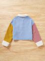 SHEIN Kids EVRYDAY Girls' Corduroy Colorblock Loose Fit Short Casual Jacket