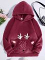 Big Girls' Teddy Hoodie With Long Sleeves, Kangaroo Pocket And Sequined Deer Antlers Decoration