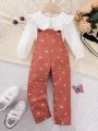 SHEIN Kids Nujoom Toddler Girls' Doll Collar Shirt With Small Flower Print Overalls 2pcs/set